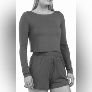 IVL Collective Boatneck Long Sleeve Tencel  Charcoal Crop Top Size Small NWT